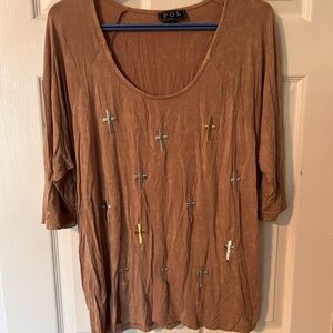 POL Brown Tan Oversized Embellished Blouse